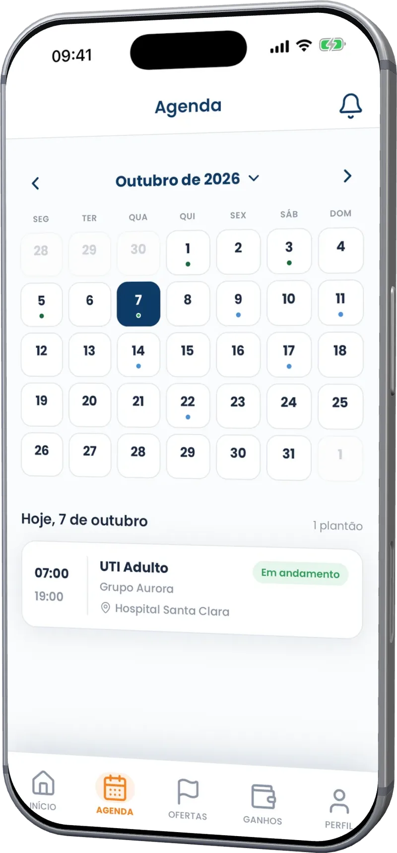 Time Link app Schedule screen, with the month calendar and the day's shift in progress