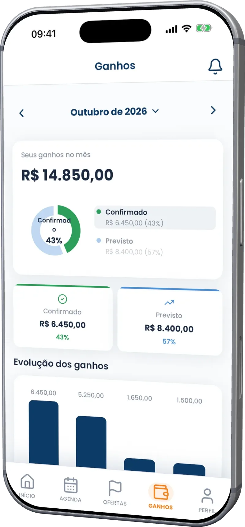 Time Link app Earnings screen, with the month's expected and confirmed amounts and the weekly trend