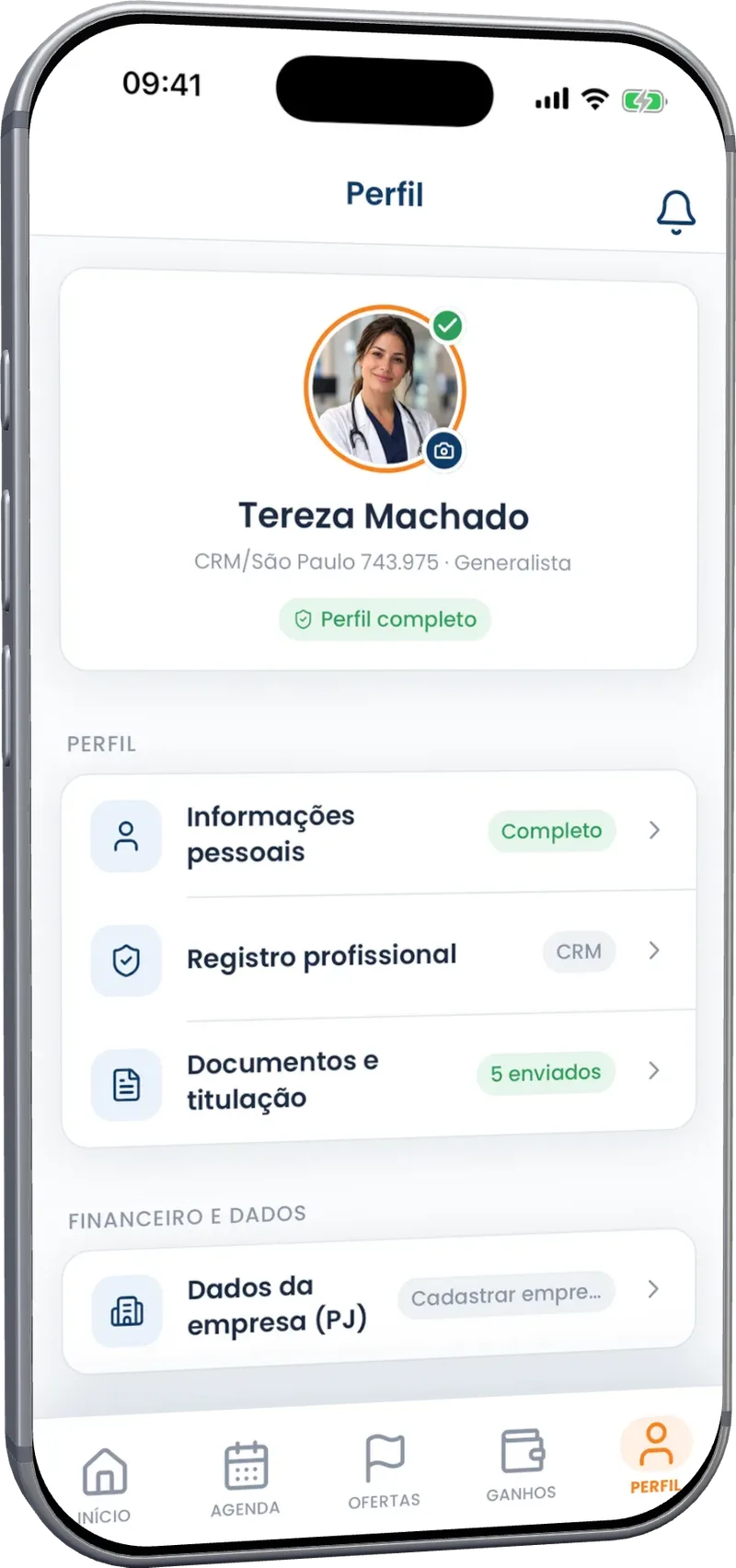 Tela Perfil do app Time Link, com registro profissional, documentos, titulação e dados da PJ
