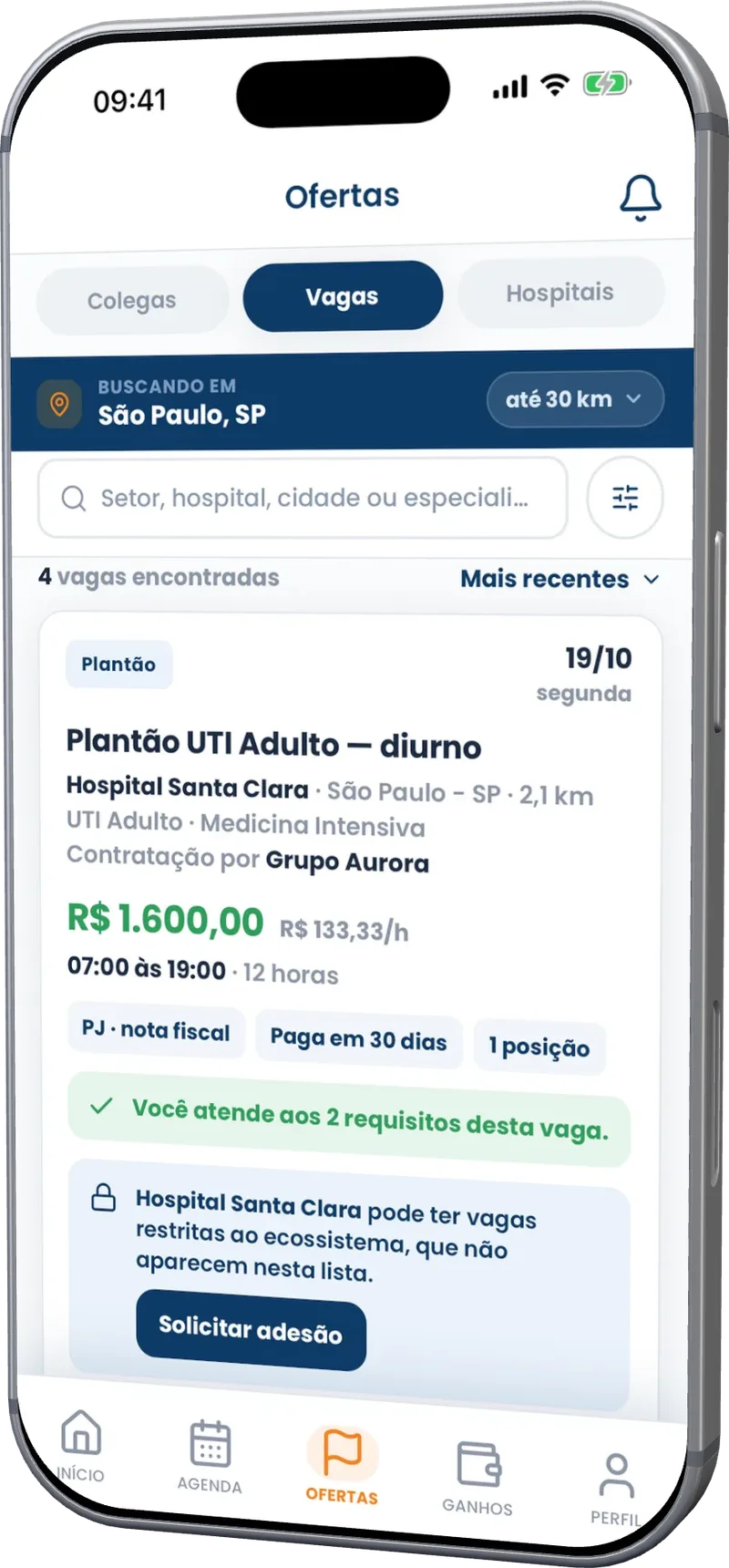 Time Link app Openings screen, with the shift search by list, filters and period