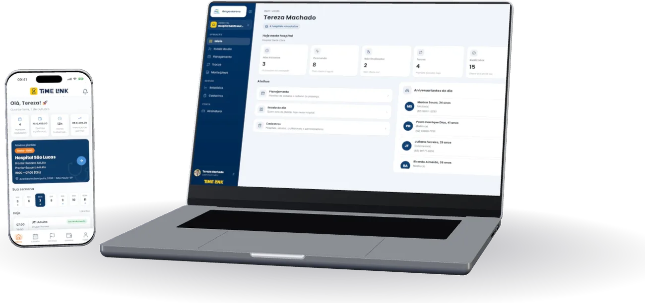 Painel Time Link, tela Início: plantões de hoje no hospital, trocas e check-ins realizados