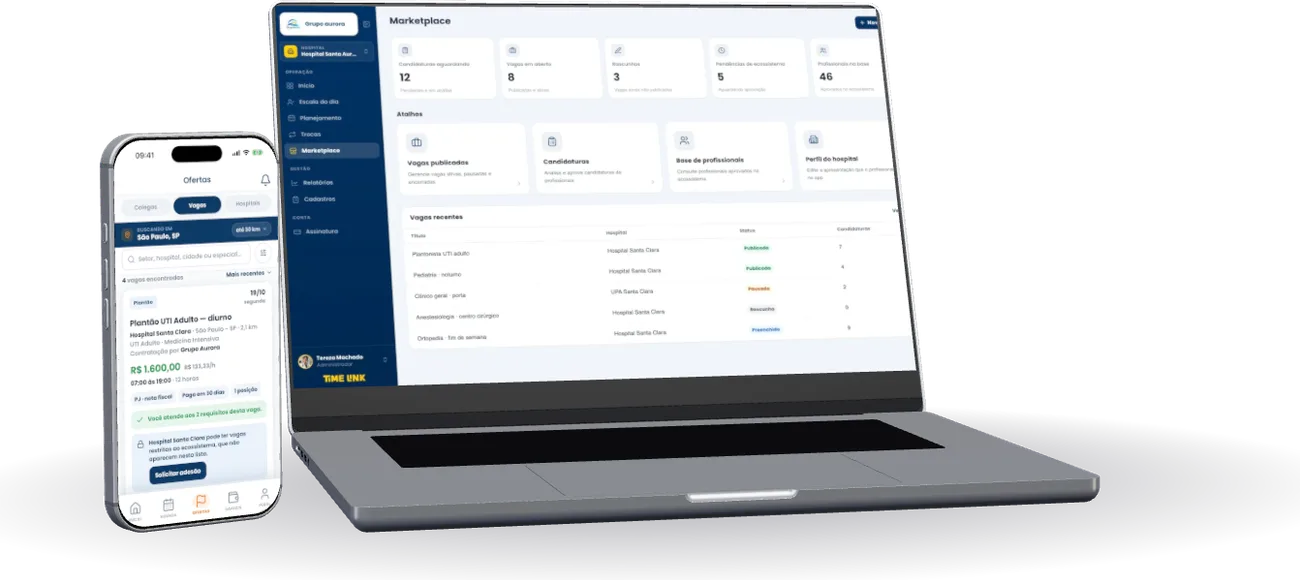 Painel Time Link, Marketplace: candidaturas aguardando, vagas em aberto e base de profissionais